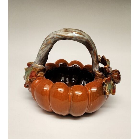 Tii Collections Ceramic Pumpkin Leaf and Stem Handle Dark Autumn Colors Decor - Picture 1 of 5
